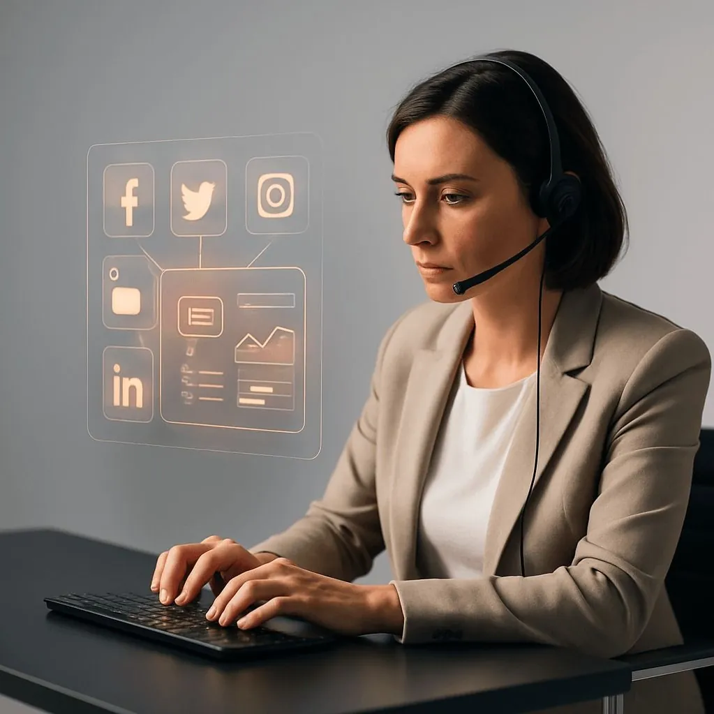 A support agent handling social channels alongside Accordia ACE